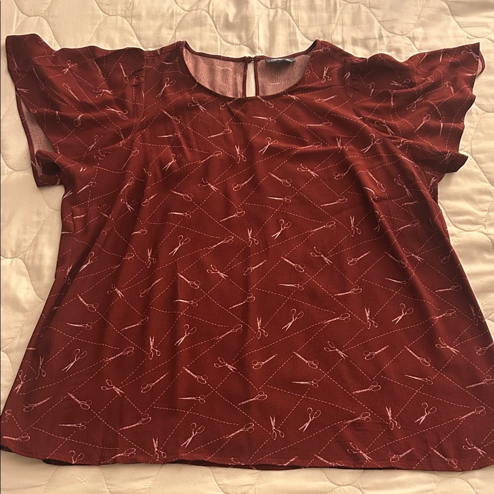 ModCloth Women's Burgundy Top with Scissors Pattern